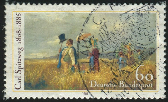 GERMANY  - CIRCA 1985: stamp printed by Germany, shows The Sunday Walk, by Carl Spitzweg, circa 1985.