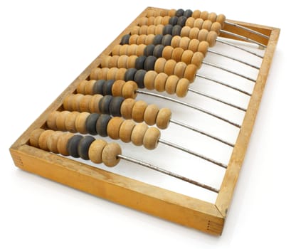 Accounting abacus for financial calculations lies on a white background