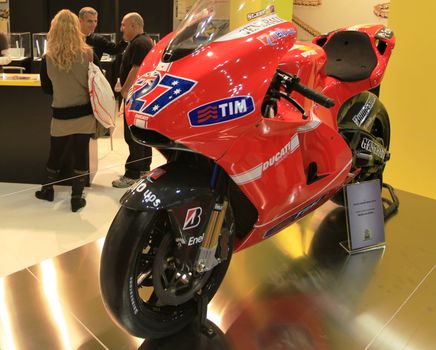 Details of motorcycles in exhibition at EICMA, International Motorcycle Exhibition in Milan, Italy.