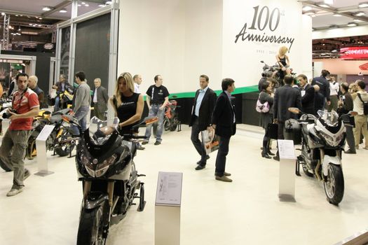 Celebrating 100th anniversary of Benelli motorcycles in exhibition at EICMA, International Motorcycle Exhibition in Milan, Italy.