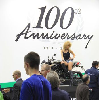 Celebrating 100th anniversary of Benelli motorcycles in exhibition at EICMA, International Motorcycle Exhibition in Milan, Italy.