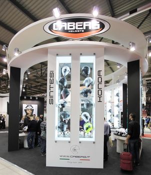 Caberg helmets in exhibition at EICMA, International Motorcycle Exhibition in Milan, Italy.