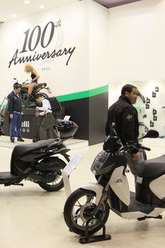 Celebrating 100th anniversary of Benelli motorcycles in exhibition at EICMA, International Motorcycle Exhibition in Milan, Italy.