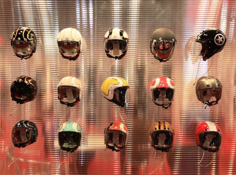 Details of brand new helmets exhibition area at EICMA, International Motorcycle Exhibition in Milan, Italy.