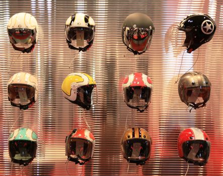 Details of brand new helmets exhibition area at EICMA, International Motorcycle Exhibition in Milan, Italy.