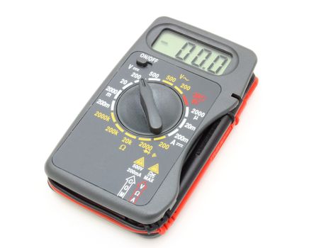 Multimeter of black color with a red and black wire on a white background