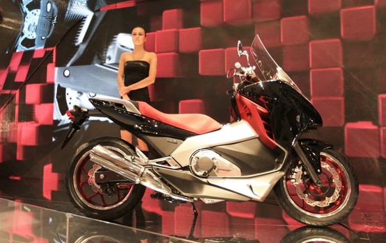 Close up of products presentation at Honda motorcycles area at EICMA, International Motorcycle Exhibition in Milan, Italy.