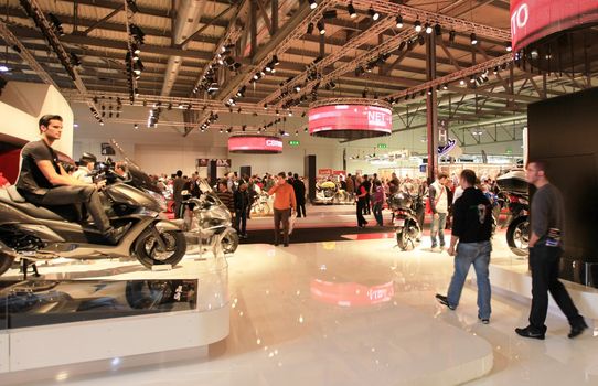Close up of products presentation at Honda motorcycles area at EICMA, International Motorcycle Exhibition in Milan, Italy.