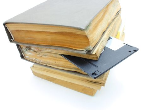 Pile from old mouldy books on a white background