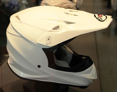 Special racing helmets in exhibition at EICMA, International Motorcycle Exhibition in Milan, Italy.