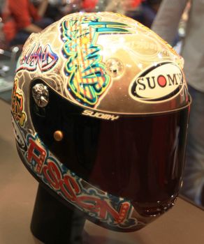 Special racing helmets in exhibition at EICMA, International Motorcycle Exhibition in Milan, Italy.