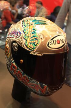 Special racing helmets in exhibition at EICMA, International Motorcycle Exhibition in Milan, Italy.