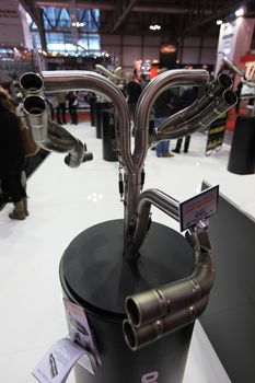 Motorcycles details, brand new products in exhibition at EICMA, International Motorcycle Exhibition in Milan, Italy.