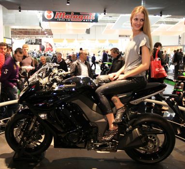 Motorcycles details, brand new products in exhibition at EICMA, International Motorcycle Exhibition in Milan, Italy.