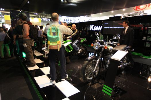 Motorcycles details, brand new products in exhibition at EICMA, International Motorcycle Exhibition in Milan, Italy.