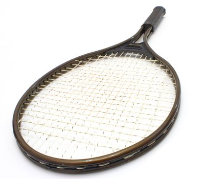 Tennis racket of brown color on a white background