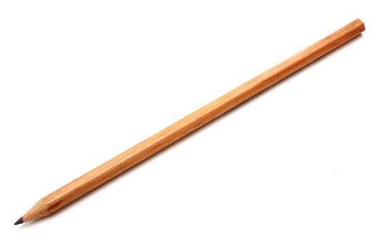 The yellow ground pencil lies is isolated on a snow-white background