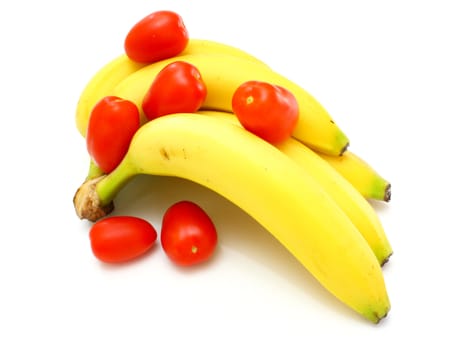 Yellow bananas apples and pears a still-life on a white background