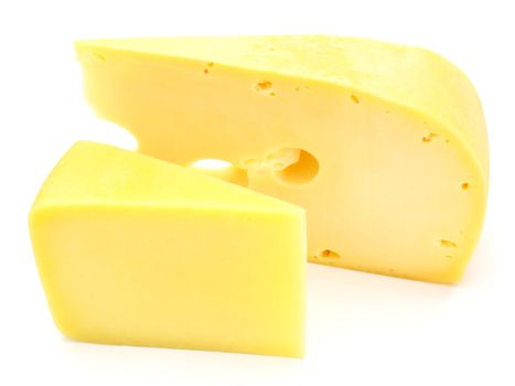 A piece of Swiss cheese isolated on white yellow delicatessen;