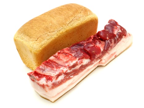 bread and the big piece of meat on a white background