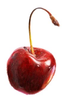 The image of a sweet cherry with a drop on a white background