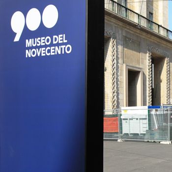 Entering the new Museo del Novecento, hosting Picasso, Cezanne, Fontana, Mondrian works of art in Milan, Italy