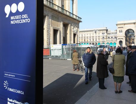 Entering the new Museo del Novecento, hosting Picasso, Cezanne, Fontana, Mondrian works of art in Milan, Italy