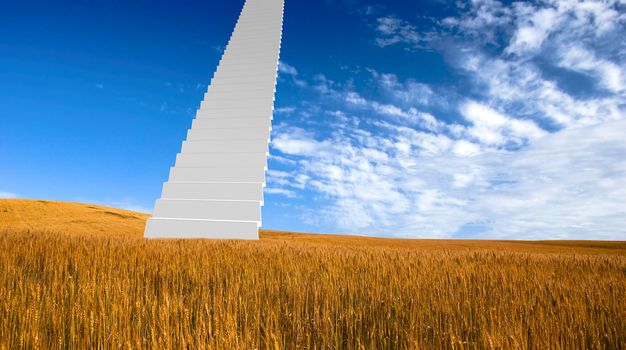 Conceptual image of a 3D Stairway going to the sky on a beautiful landscape