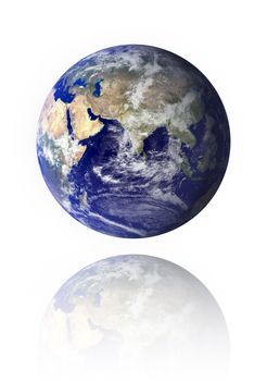 Our own earth over a white background with reflection.  Maps comes from earthobservatory/nasa. 