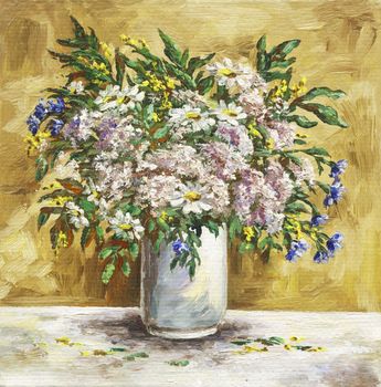 Picture oil paints on a canvas: flower camomiles, cornflowers and origanum in a white glass