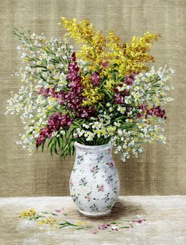 Picture oil paints on a canvas: a bouquet of wild flowers in a white vase