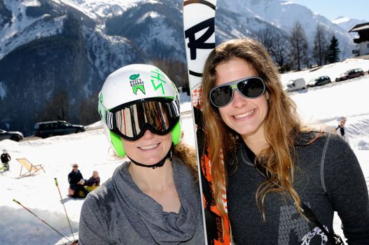 KAPRUN AUSTRIA - MARCH 5: Maiskogel Fanlauf 2011. US ski pro Sarah Schleper and Resi Stiegler at charity ski race with many celebrities in austria on March 5, 2011 at the Maiskogel in Kaprun, Austria