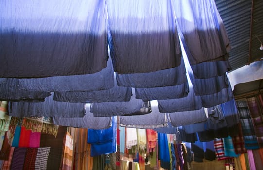Dyed cloth hanging up to dry, Marrakech, Morocco