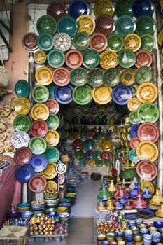 Ceramic plates hanging outside a shop, Marrakech, Morocco