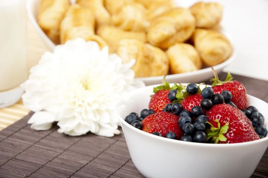 light Breakfast: cold milk, croissants and Berries on a table