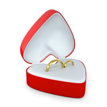 Pair of wedding rings in a heart shaped box isolated on white background