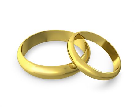 Two golden wedding rings isolated on white background