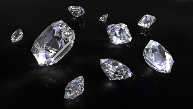 Few asscher cut diamonds on black background