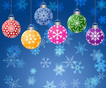 Colorful Hanging Christmas Ornament on Blurred Snowflakes Background Horizontal