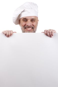 Portrait of a chef holding a blank sign for your text.