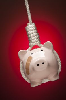 Piggy Bank with Bandage Hanging in Hangman's Noose on Red Spot Lit Background.