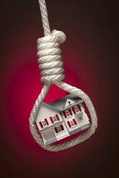 House Tied Up and Hanging in Hangman's Noose on Red Spot Lit Background.