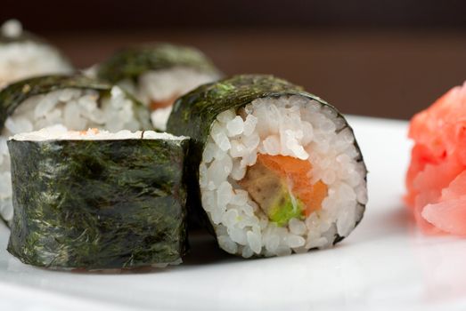 Hokkaido maki: sushi rool of avocado, nori, salmon