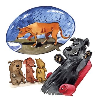 humorous illustration of shaggy dog telling puppies a story