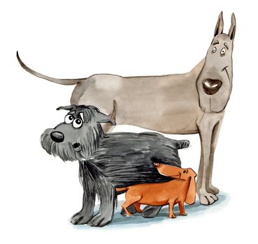 humorous illustration of three dogs in different sizes