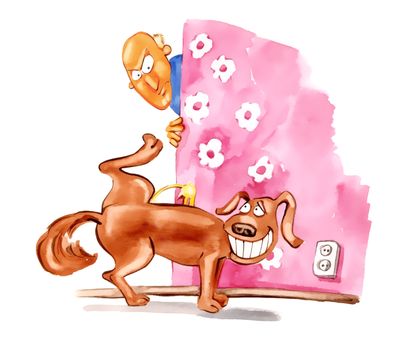humorous illustration of naughty dog and his angry owner