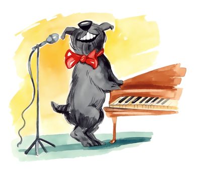 humorous illustration of shaggy dog singing closed to the piano