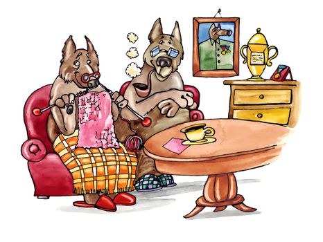 humorous illustration of old dogs couple at home