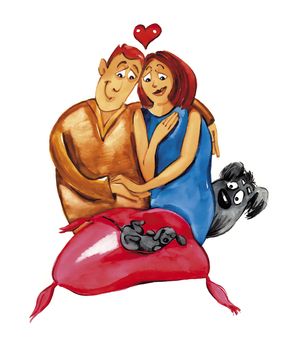 humorous illustration of couple with shaggy dog and cute little puppy