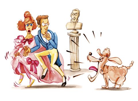 illustration of sneaking lovers and barking dog